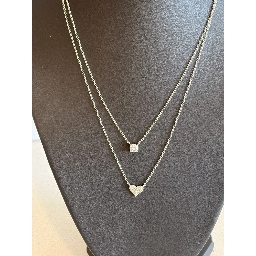 925 Sterling Silver Layered Necklace Crystal Heart & Pendant Dainty